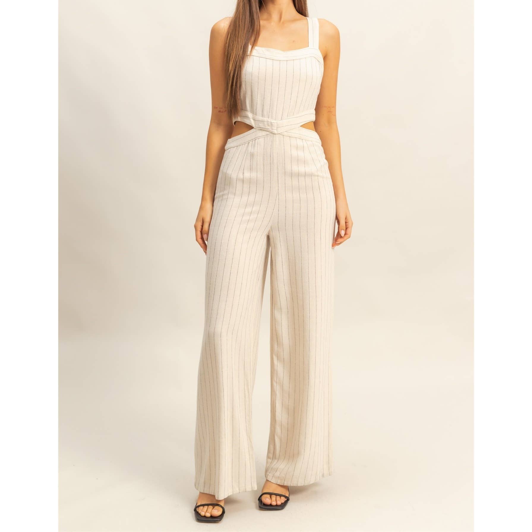 Oatmeal striped linen jumpsuit with side cutouts and wide leg – The Drift Jumpsuit – Mariley Boutique