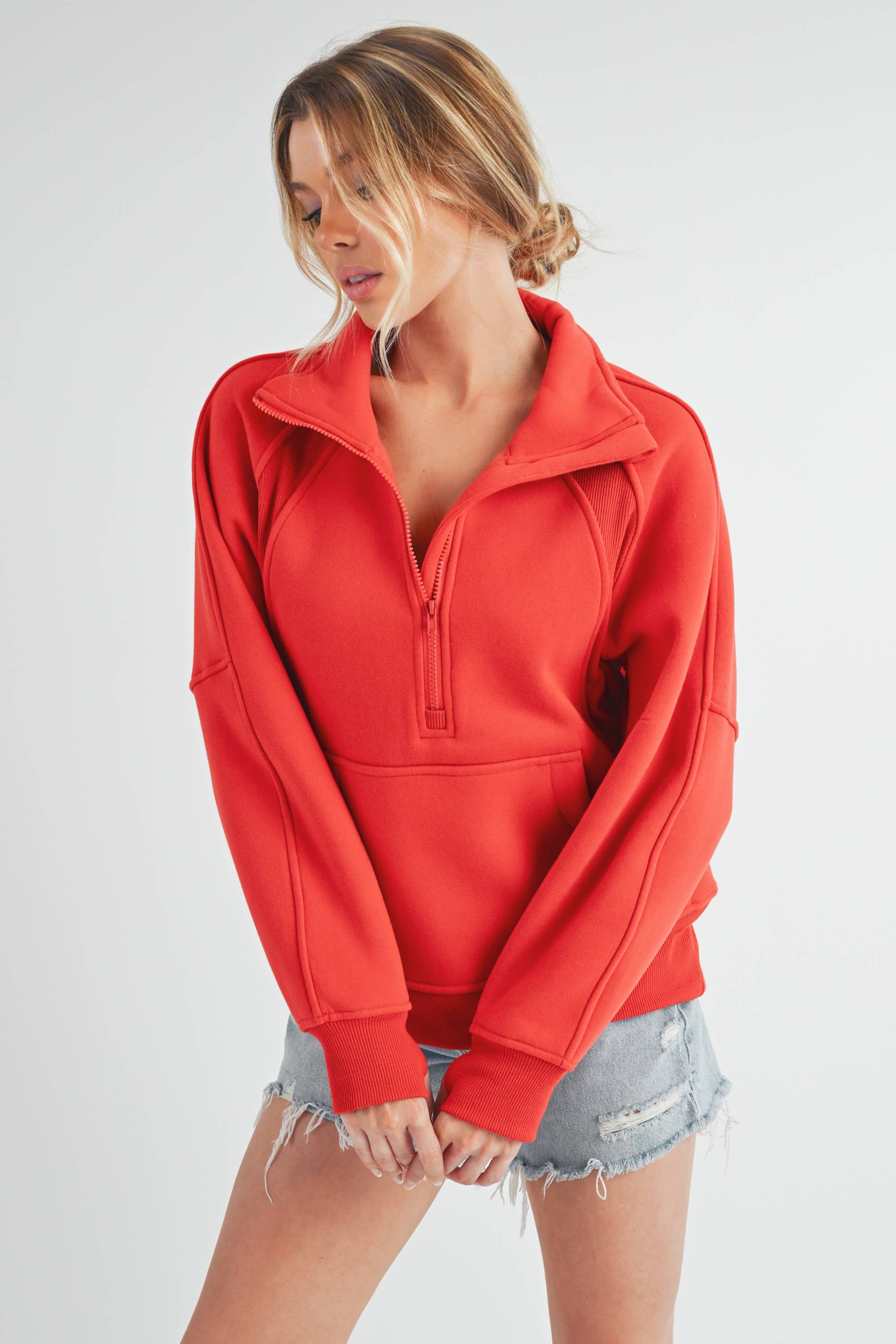 Tomato red funnel neck fleece pullover – The Driftline – Mariley