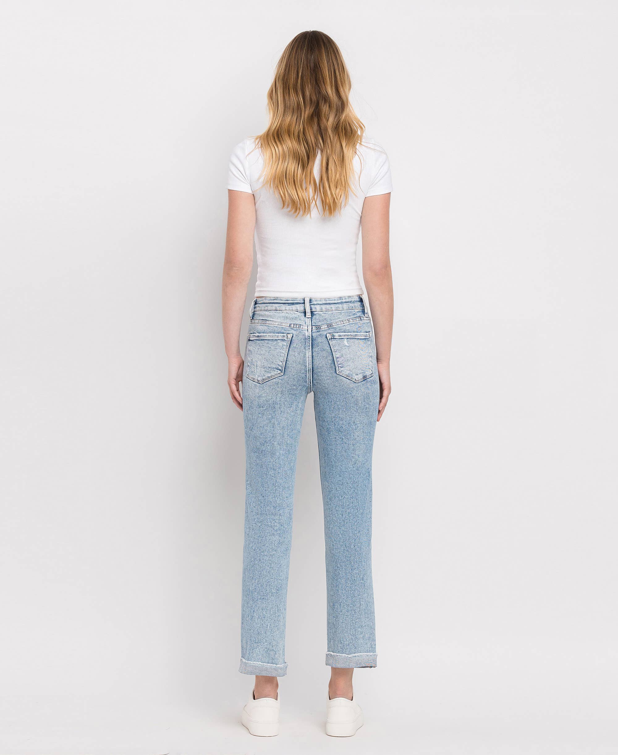 Back view of high rise cuffed jeans in Blue Bliss wash – The Frame Jean – Mariley Boutique