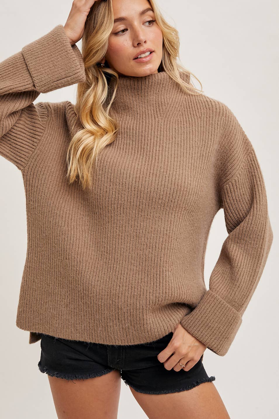 Soft mushroom knit funnel neck pullover with relaxed fit – The Haven Funnel Pullover – Mariley Boutique