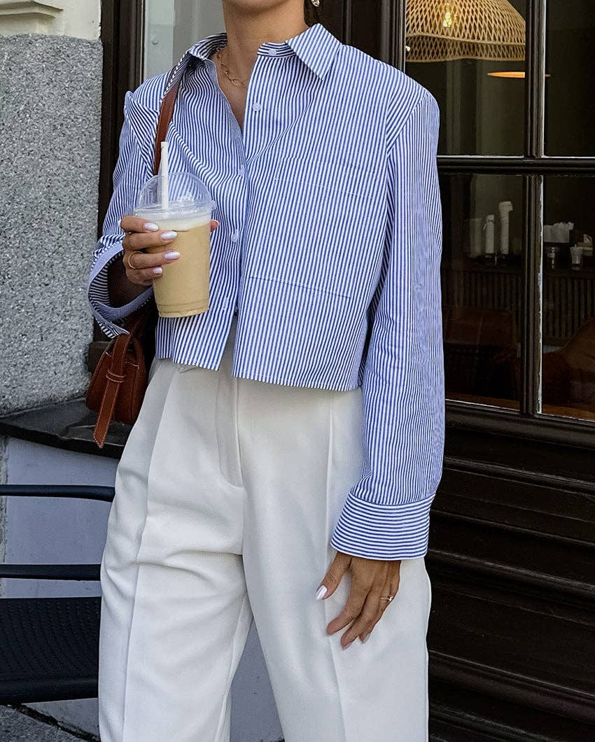 Blue striped button-down cropped shirt with long sleeves – The Isla Shirt – Mariley Boutique