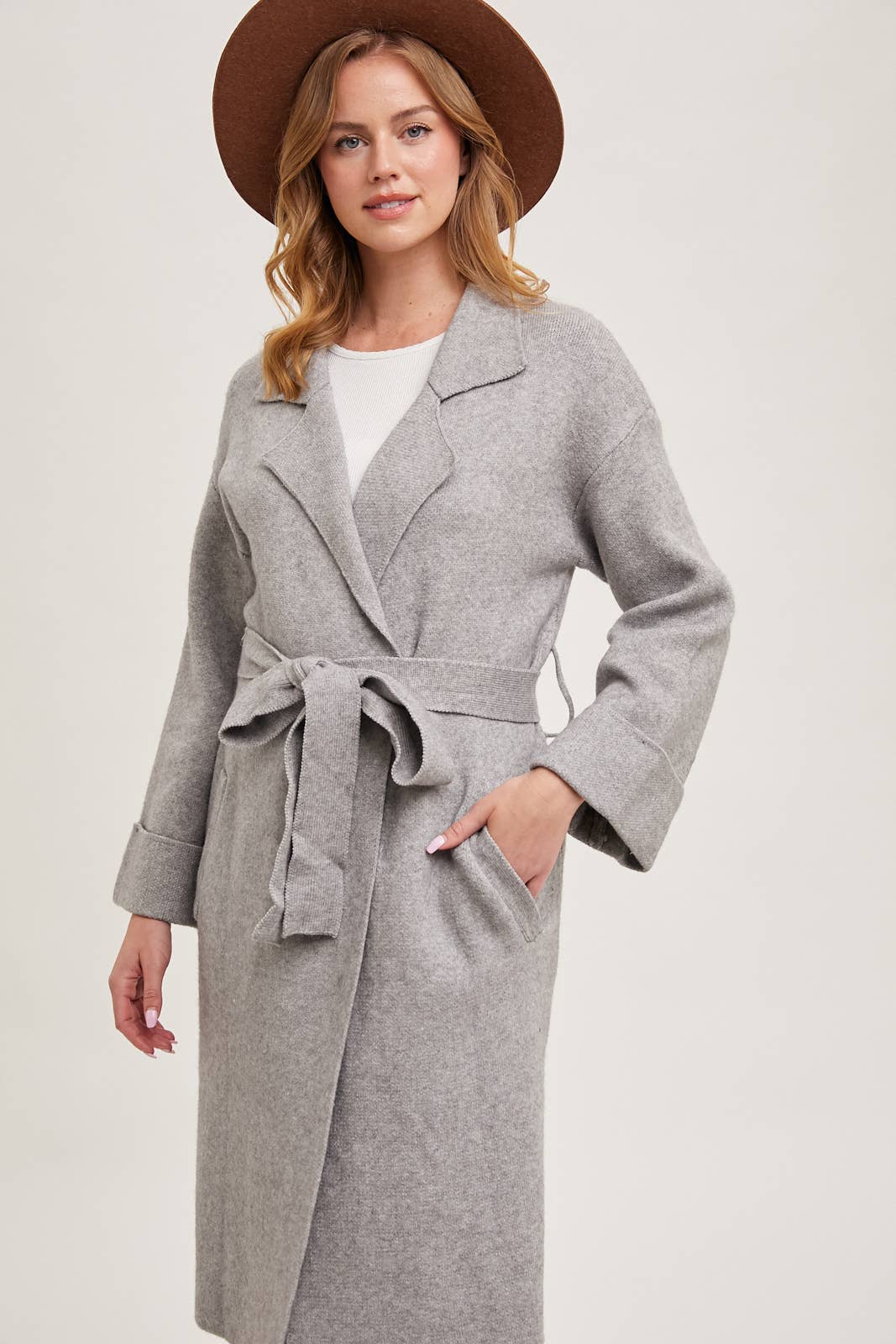 Heather grey knit trench coat with open front – The layer Coat – Mariley Boutique