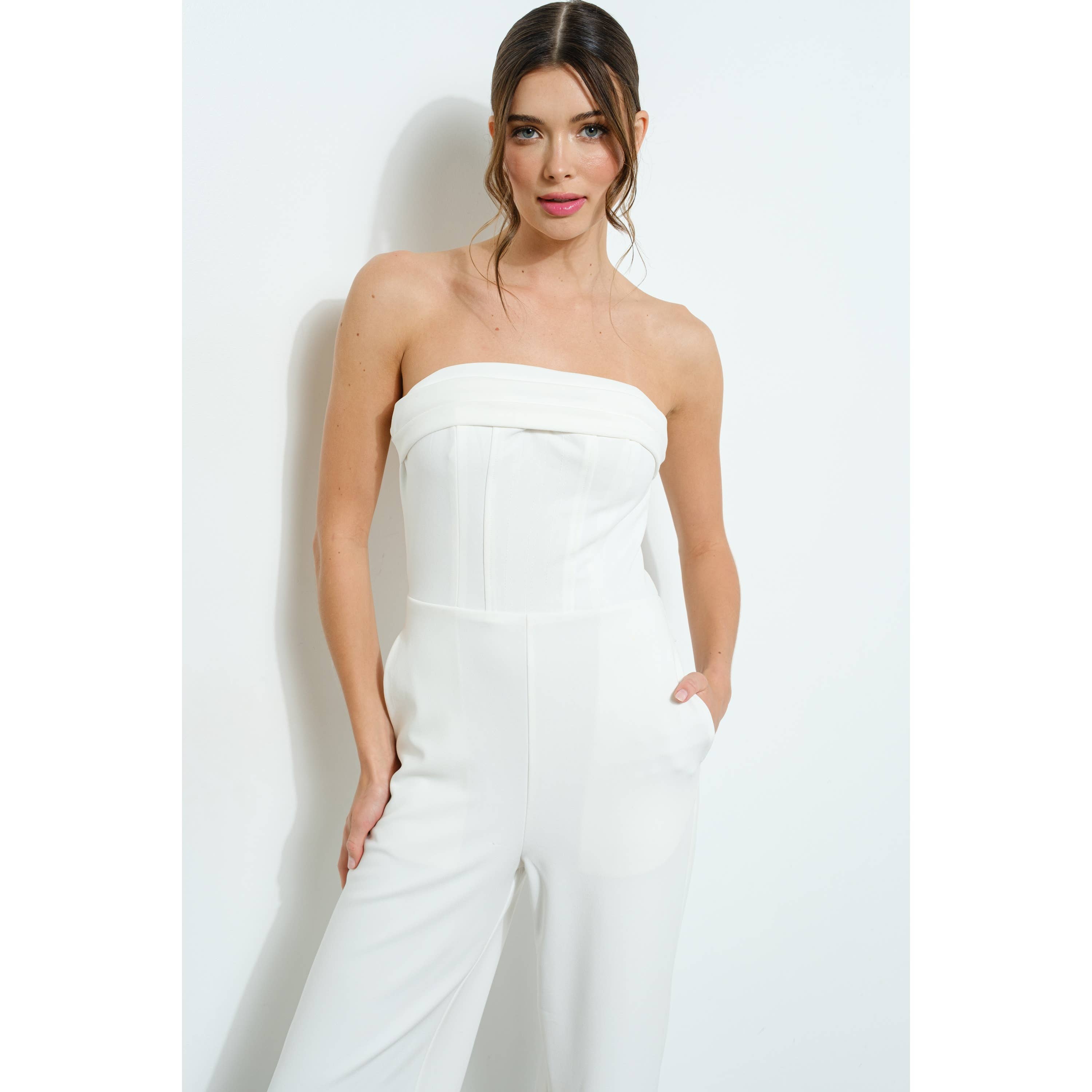 Strapless white corset jumpsuit with wide leg – The Poise Jumpsuit – Mariley Boutique