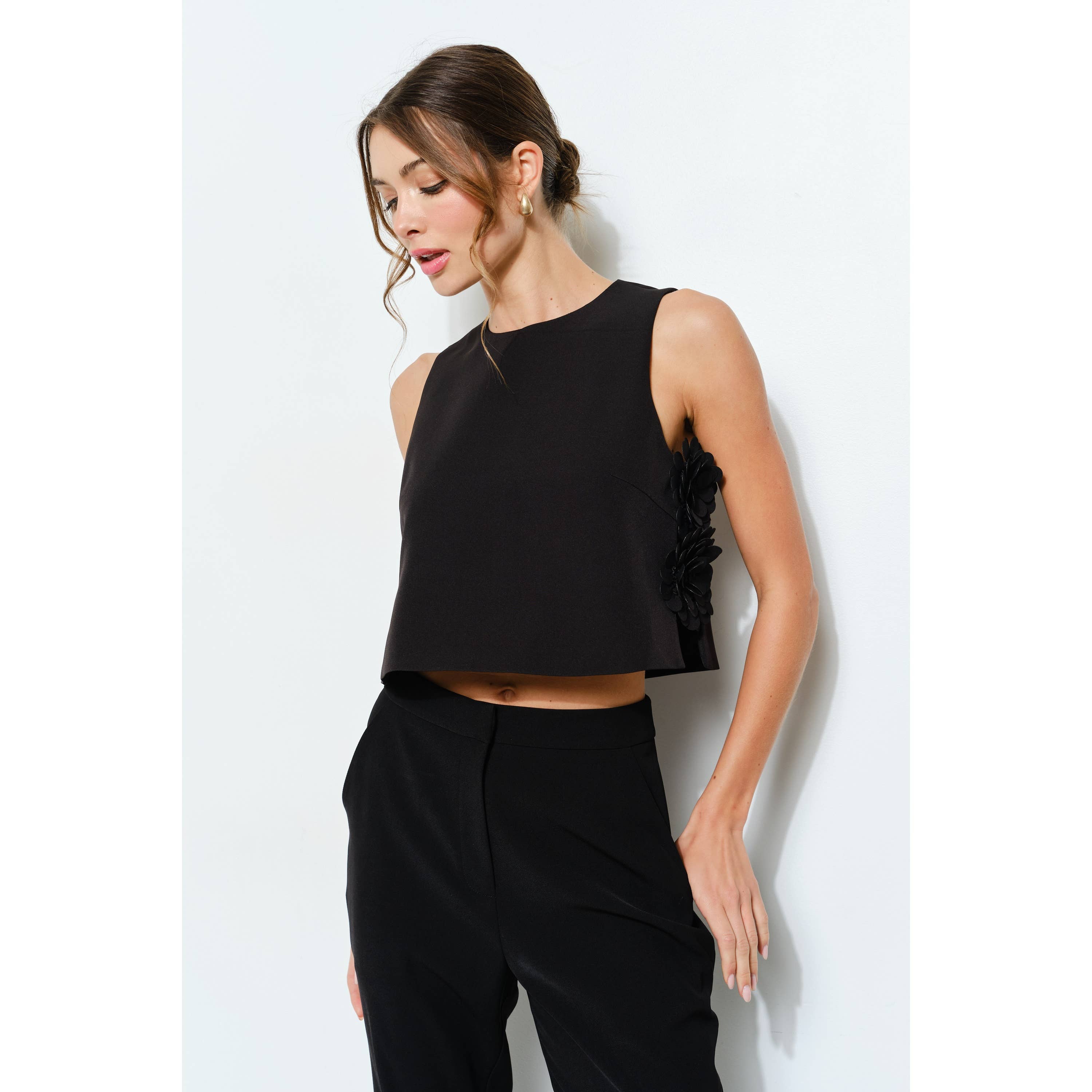 Black sleeveless top with sculpted floral detailing – The Bloom Top – Mariley Boutique
