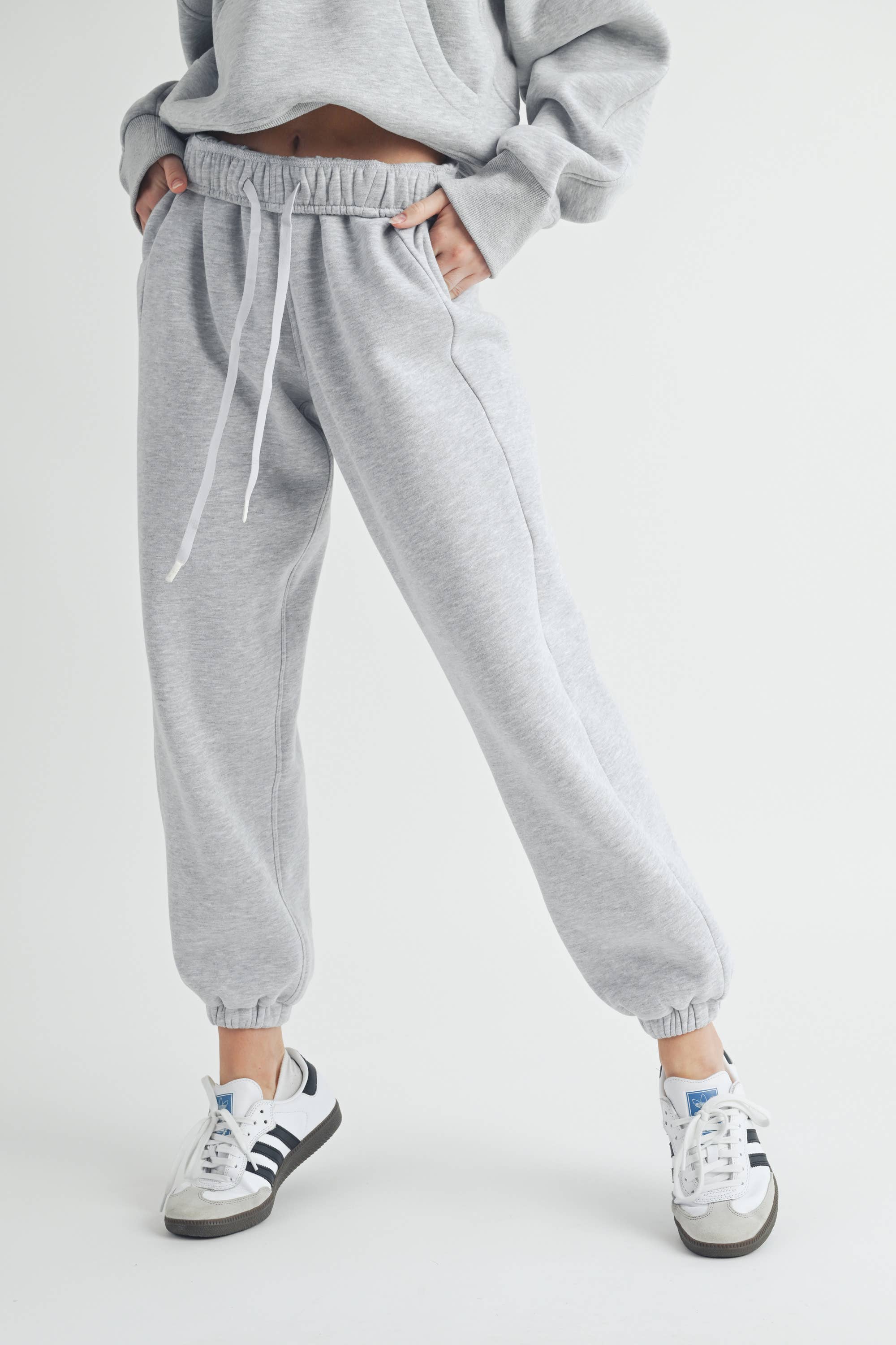 Brushed heather gray joggers with drawstring waist and tapered ankle – The Ease Jogger – Mariley Boutique
