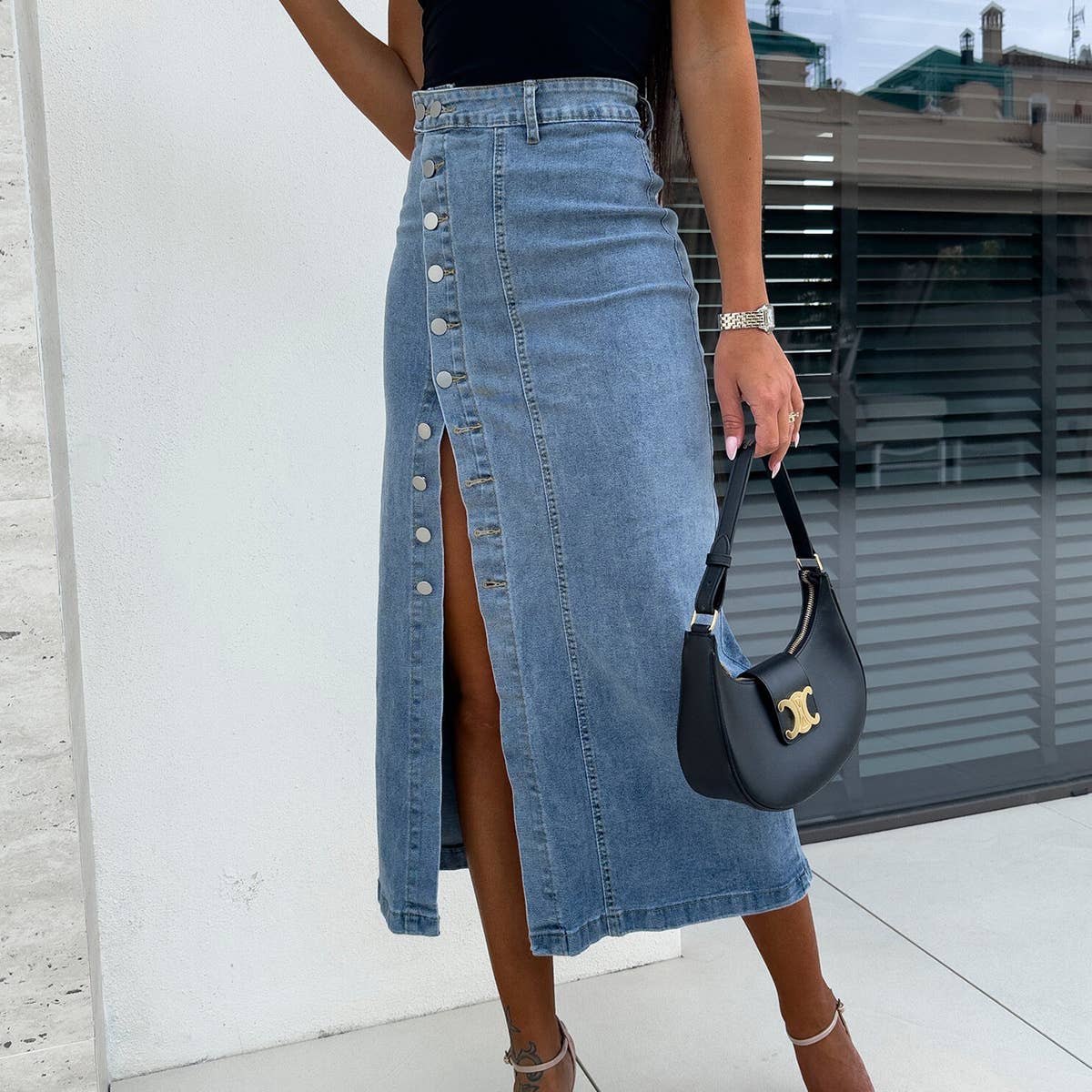 High-rise light blue denim skirt with asymmetrical hem – The Edge Skirt – Mariley Boutique