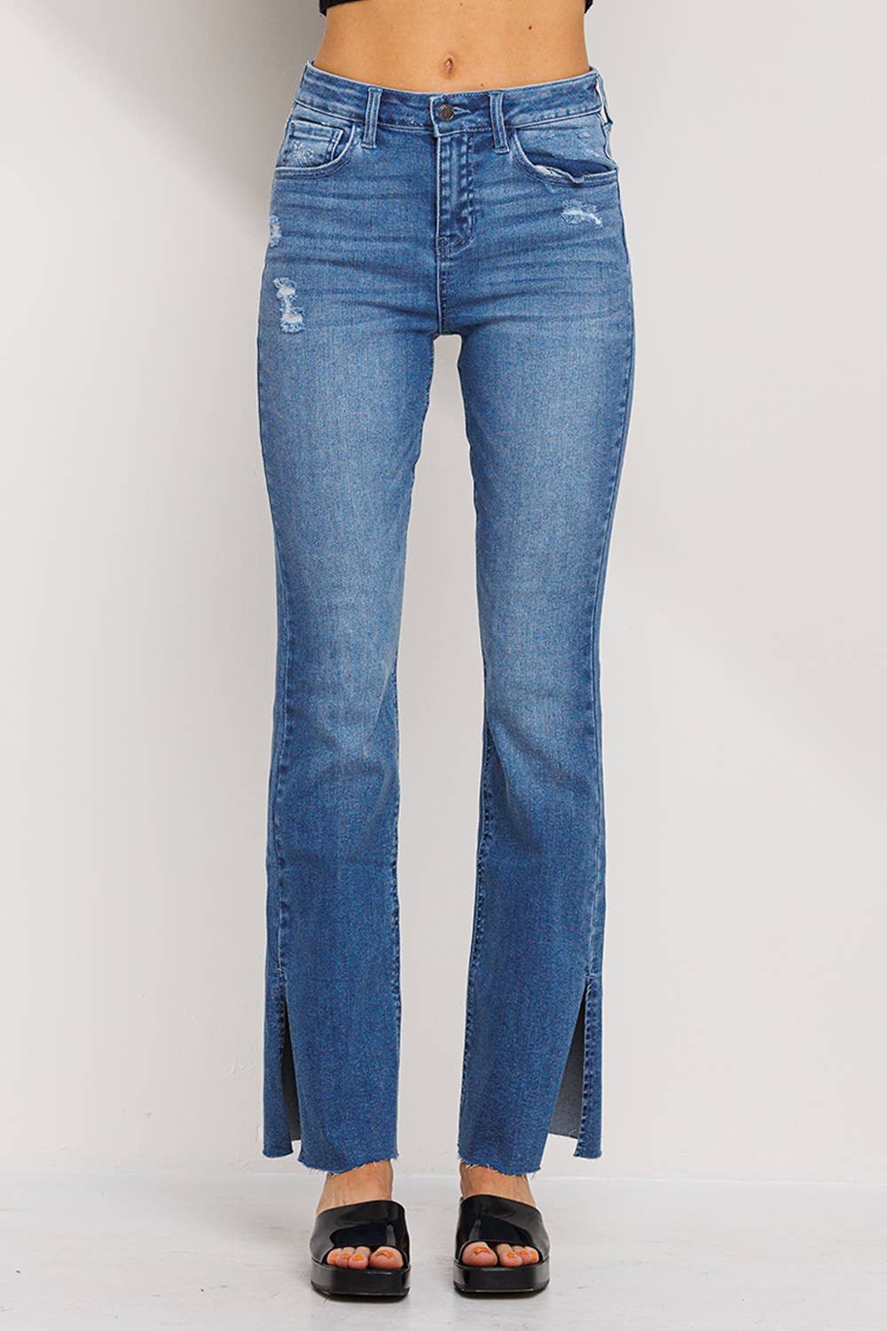 Dark denim flare jeans with side slit – Flare Slit Jeans – Mariley Boutique