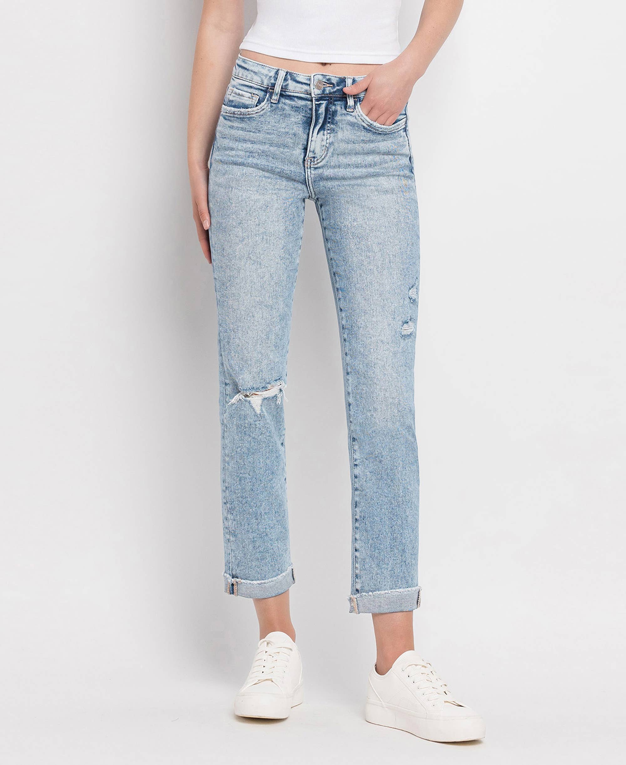 Front view of high rise slim straight jeans in Blue Bliss – The Frame Jean – Mariley Boutique