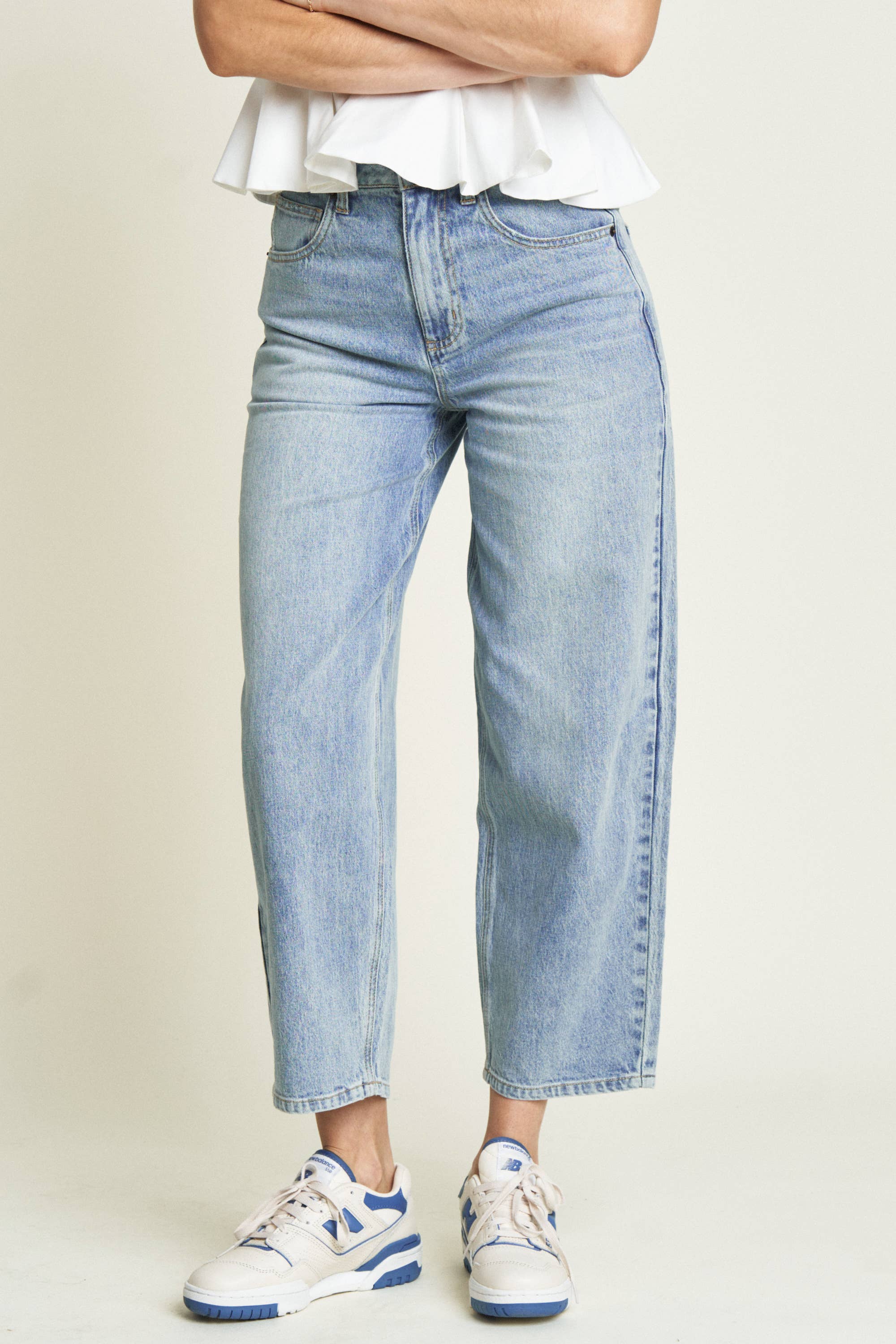 Front view of high rise barrel-leg jeans in light indigo – The Hill Jean – Mariley Boutique