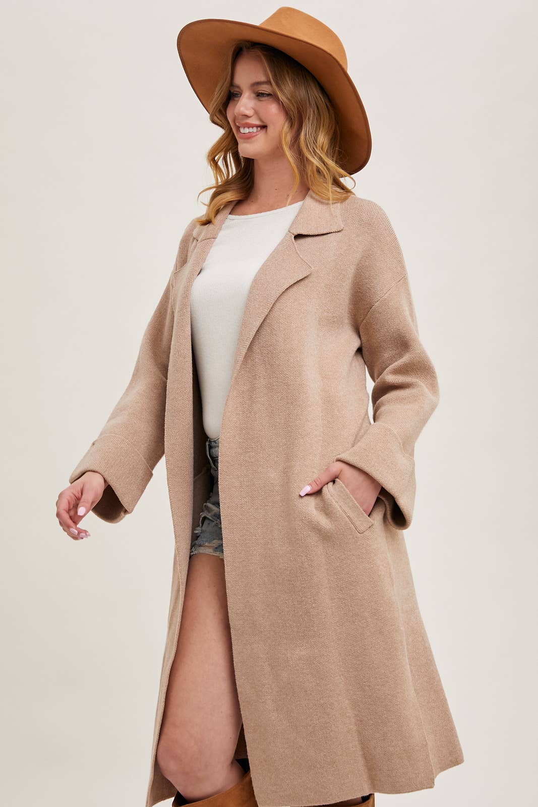 Latte knit trench coat with open front – The layer Coat – Mariley Boutique
