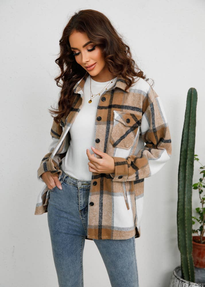 Neutral khaki plaid shirt jacket with button front and chest pockets – The Ridge Plaid Shacket – Mariley Boutique