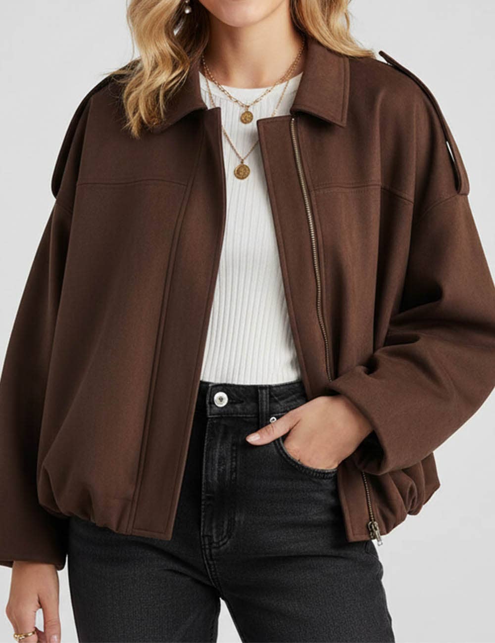 Faux suede bomber jacket with zip front and shirt collar in mocha and army tones – The Rowan Jacket – Mariley Boutique