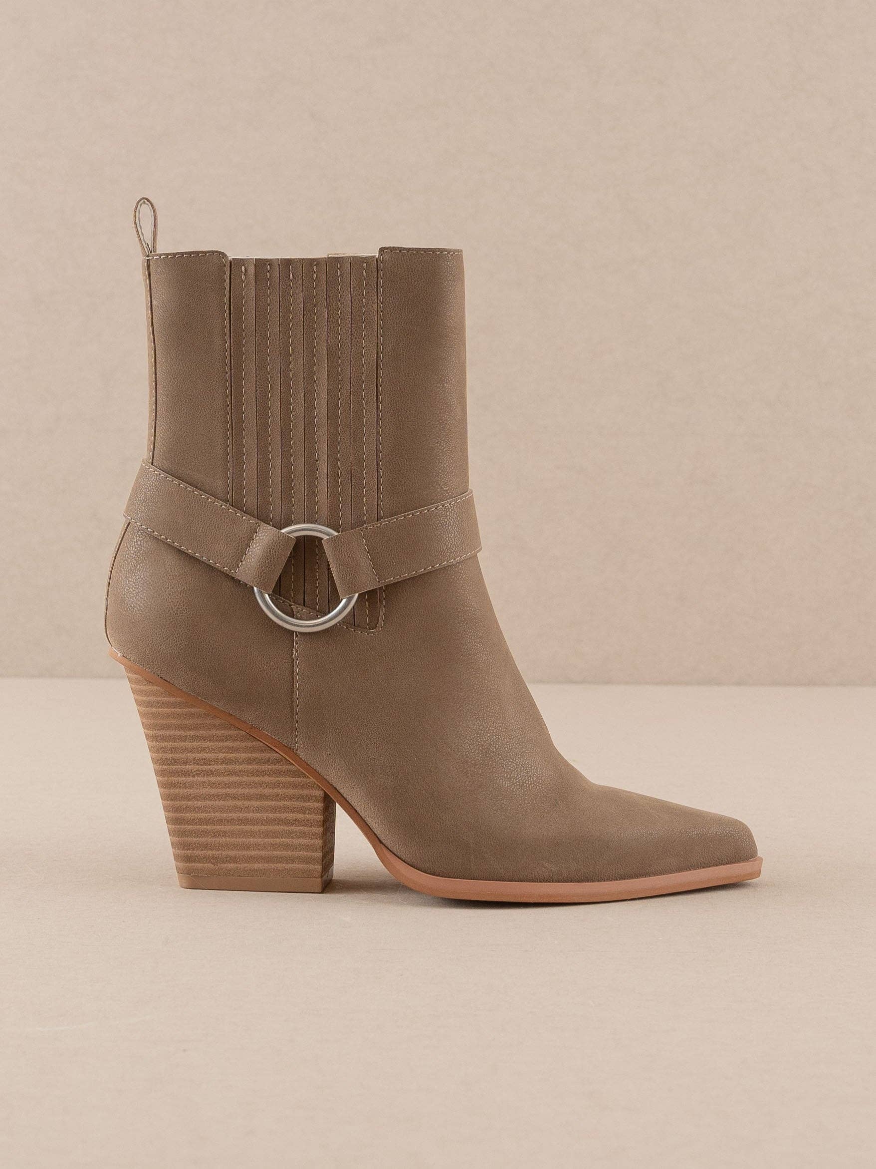 Moto-inspired taupe ankle boot with buckle detail – The Verge Boot – Mariley Boutique